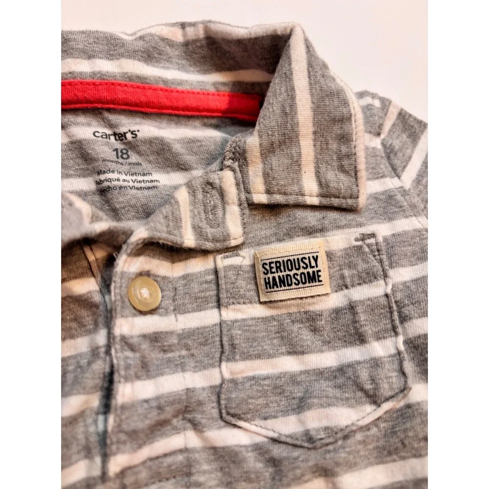 Carters Gray White Stripe Short Sleeve Polo Shirt 18 Months Seriously Handsome‎